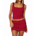 thumbnail image 1 of Women'S Y2k 2 Piece Summer Outfits Square Neck Lace Trim Crop Tank Tops Mini Skirt Set Red S, 1 of 8