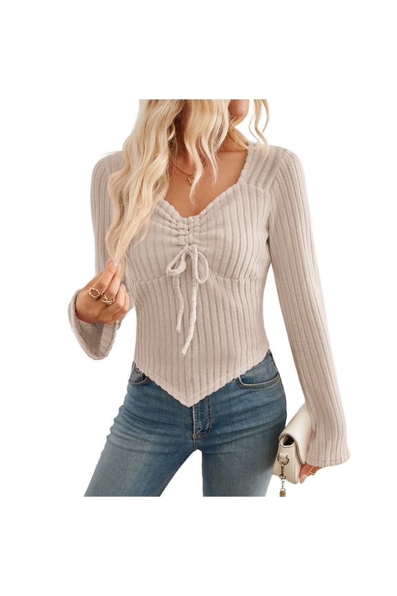Women'S Y2k Aesthetic Trendy Long Sleeve Shirt Cute Ruched Drawstring Slim Fit Pullover Tops Y2k Clothes M