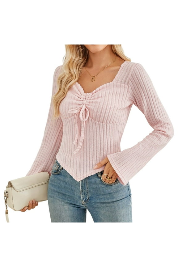 Women'S Y2k Aesthetic Trendy Long Sleeve Shirt Cute Ruched Drawstring Slim Fit Pullover Tops Y2k Clothes Pink S