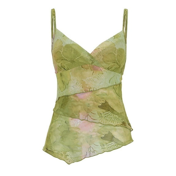 Women'S Y2k Floral Tops V Neck Wrap Irregular Hem Sleeveless Spaghetti Strap Tank Top Green L