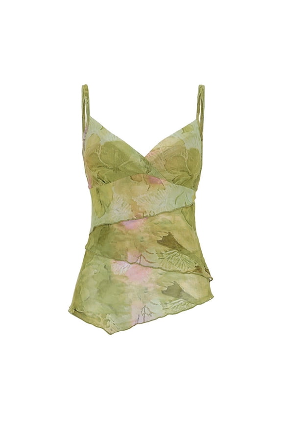 Women'S Y2k Floral Tops V Neck Wrap Irregular Hem Sleeveless Spaghetti Strap Tank Top Green S