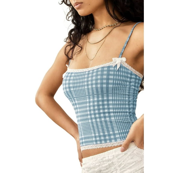 Women'S Y2k Gingham Square Neck Crop Tank Tops Spaghetti Strap Lace Trim Bow- Front Tops - Shirt Blue L