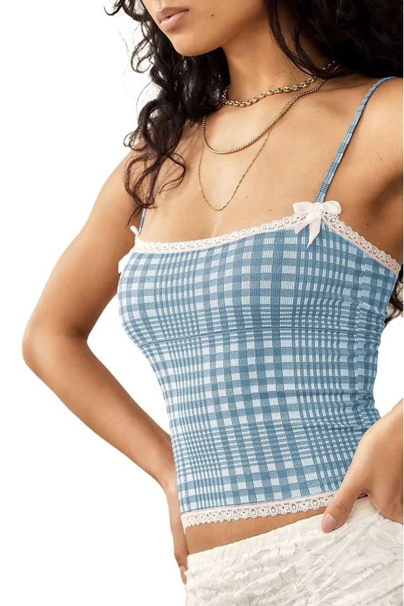 Women'S Y2k Gingham Square Neck Crop Tank Tops Spaghetti Strap Lace Trim Bow- Front Tops - Shirt Blue XL