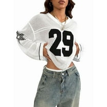 Women'S Y2k Going Out Tops Oversized Crochet Shirts Graphic V Jerseys Neck Pullover Sweater Black & White M