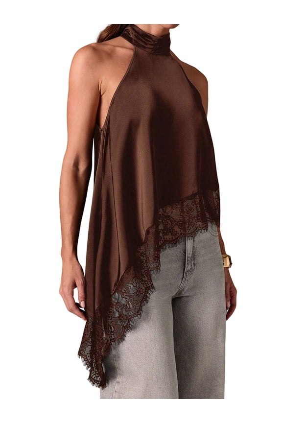 Women'S Y2k Halter Mock Neck Sleeveless Top Lace Asymmetrical Hem Going Out Tank Tops Dark Brown M