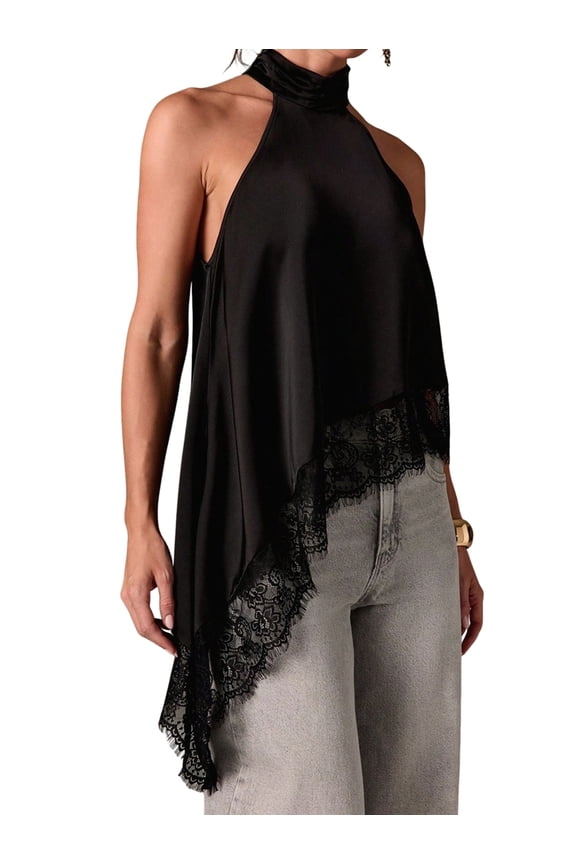 Women'S Y2k Halter Mock Neck Sleeveless Top Lace Asymmetrical Hem Going Out Tank Tops