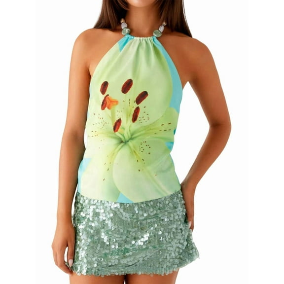 Women'S Y2k Halter Tank Floral Print Open Back Top Sleeveless Tie Cropped Top Summer Street Style Green S