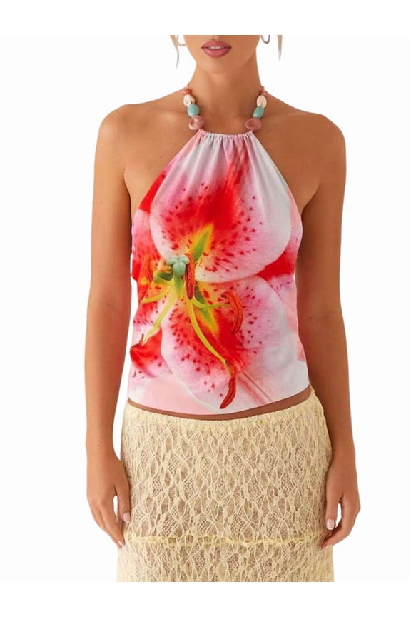 Women'S Y2k Halter Tank Floral Print Open Back Top Sleeveless Tie Cropped Top Summer Street Style Pink M