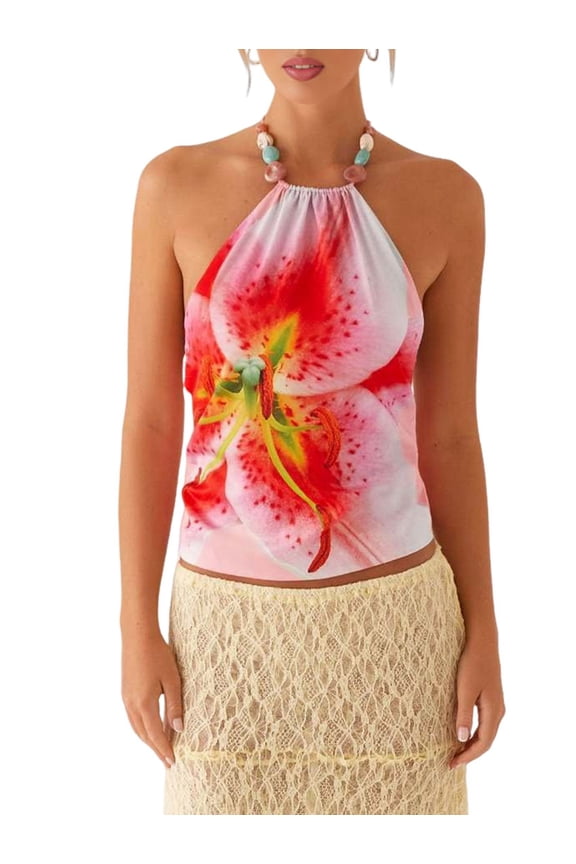 Women'S Y2k Halter Tank Floral Print Open Back Top Sleeveless Tie Cropped Top Summer Street Style Pink XL