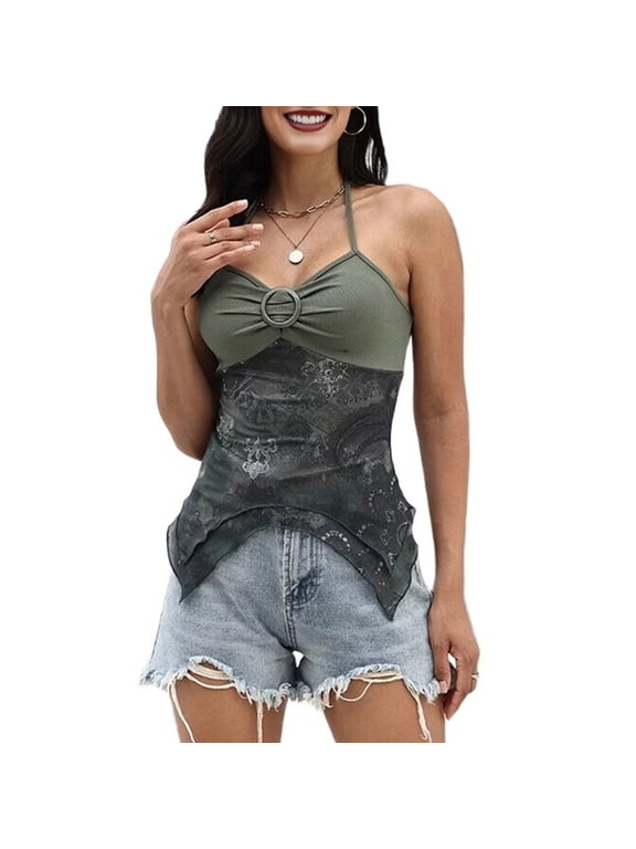 Women'S Y2k Halter Top Floral Streetwear Fairy 2000s Clothing Gothic Going Out Tops Green S