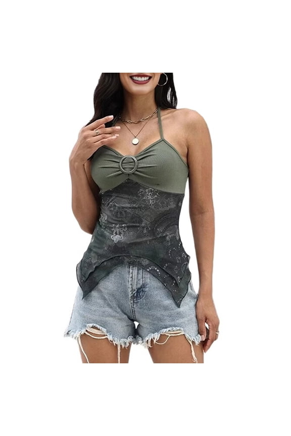 Women'S Y2k Halter Top Floral Streetwear Fairy 2000s Clothing Gothic Going Out Tops Green S
