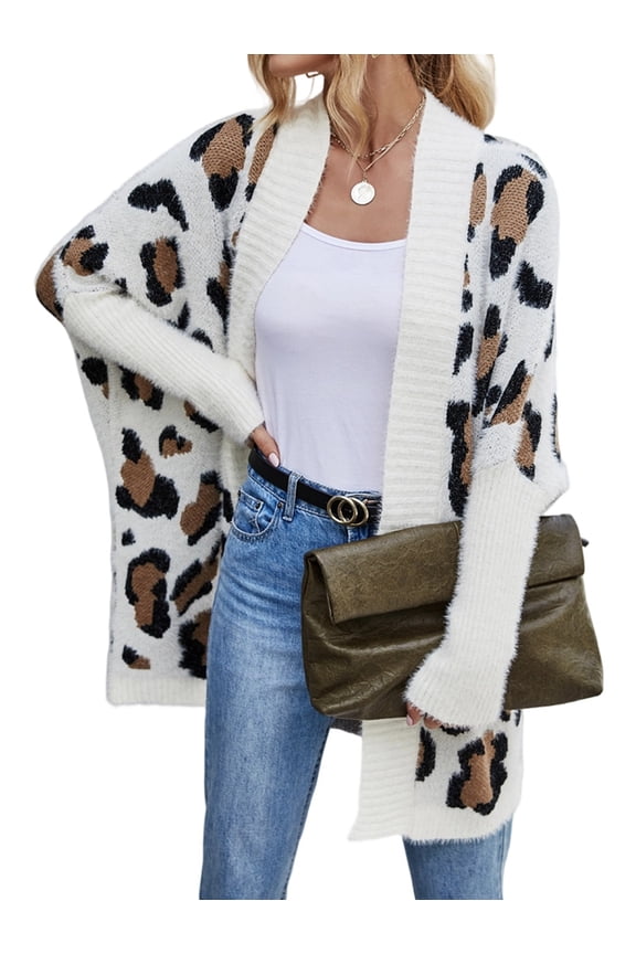 Women'S Y2k Open Front Knitted Sweater Leopard Print Long Batwing Cardigan Fall Winter Loose Coat Beige S
