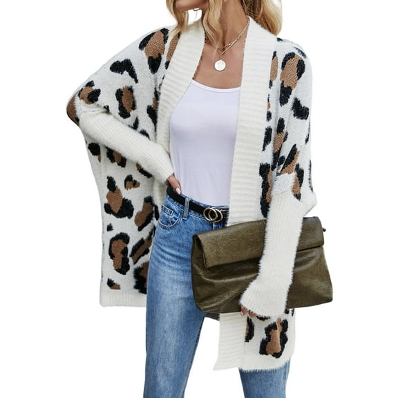 Women'S Y2k Open Front Knitted Sweater Leopard Print Long Batwing Cardigan Fall Winter Loose Coat Beige XL