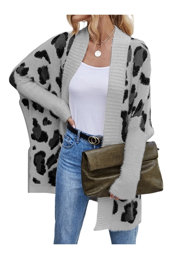 Women'S Y2k Open Front Knitted Sweater Leopard Print Long Batwing Cardigan Fall Winter Loose Coat Gray S
