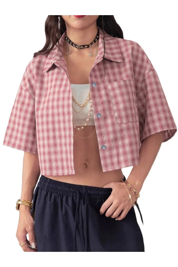 Women'S Y2k Plaid Print Collared Button Shirt Short Sleeve Crop Tops Preppy Clothes Streetwear Red S