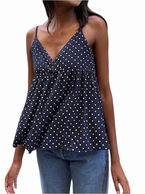 Women'S Y2k Polka Dot Print Tank Top Spaghetti Strap Camisole Sheer Mesh Going Out Top Navy Blue XL