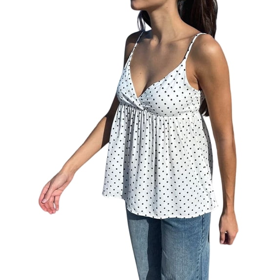 Women'S Y2k Polka Dot Print Tank Top Spaghetti Strap Camisole Sheer Mesh Going Out Top White L