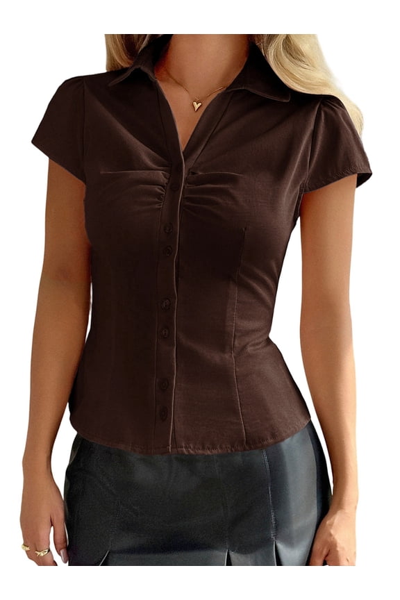 Women'S Y2k Short Sleeve Button Down Shirts Casual V Neck Button Up Top Slim Fit Going Out Blouse Brown S