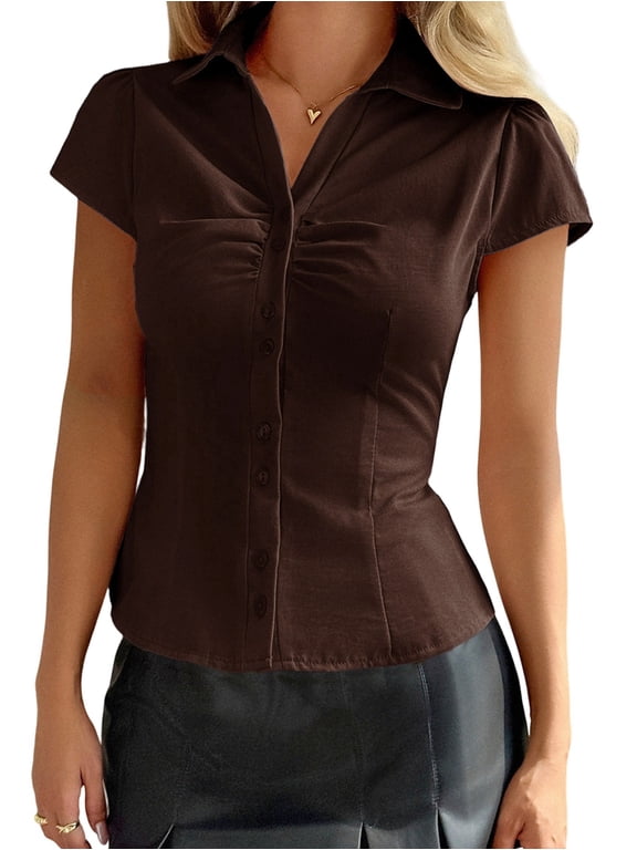 Women'S Y2k Short Sleeve Button Down Shirts Casual V Neck Button Up Top Slim Fit Going Out Blouse Brown XL