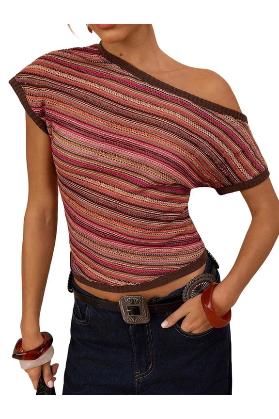Women'S Y2k Striped Off Shoulder Crop Top Short Sleeves Summer Going Out T Shirts Colorful S