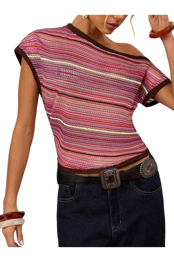 Women'S Y2k Striped Off Shoulder Crop Top Short Sleeves Summer Going Out T Shirts Strawberry Red S