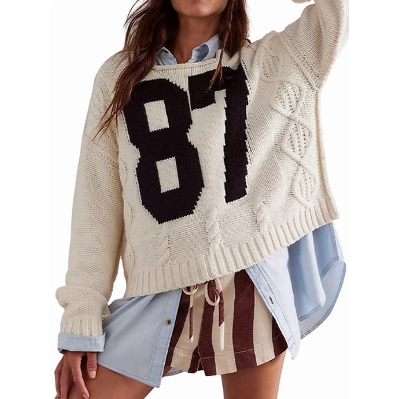 Women'S Y2k Tops Oversized Crochet Number Print Shirts Crew Neck Pullover Sweater Apricot L
