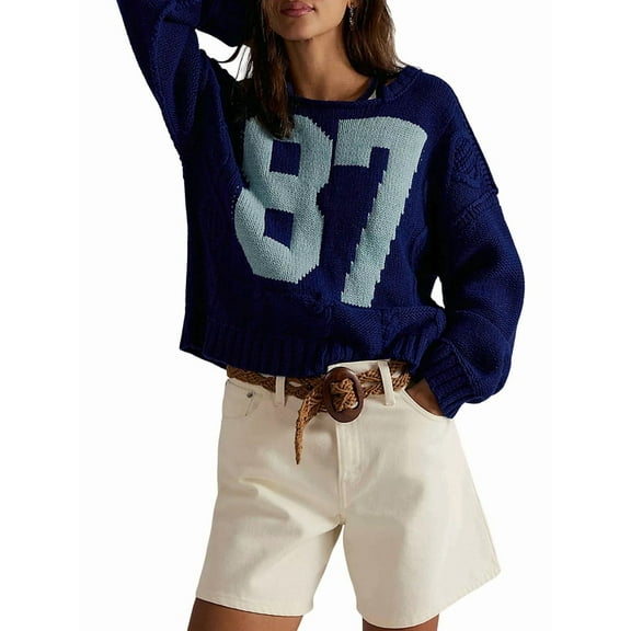 Women'S Y2k Tops Oversized Crochet Number Print Shirts Crew Neck Pullover Sweater Dark Blue S