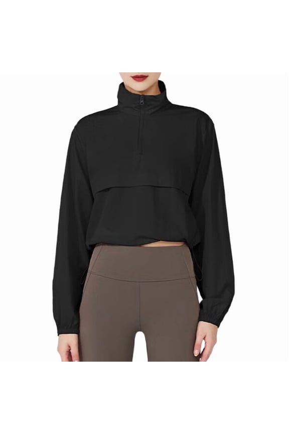 Women'S Zip Up Athletic Jacket Stand Collar Windproof Sun Protection Workout Outdoor Jacket Black L