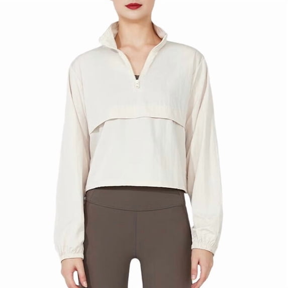 Women'S Zip Up Athletic Jacket Stand Collar Windproof Sun Protection Workout Outdoor Jacket Cream White M
