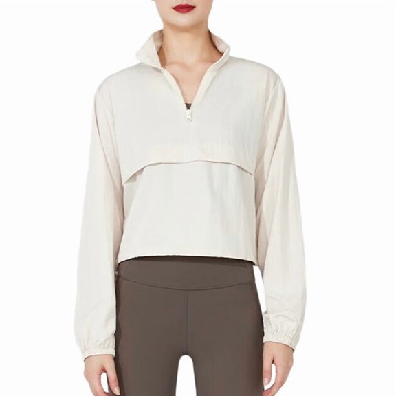 Women'S Zip Up Athletic Jacket Stand Collar Windproof Sun Protection Workout Outdoor Jacket Cream White S
