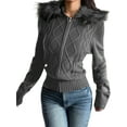 thumbnail image 1 of Women'S Zip Up Cardigan Sweater Cable Faux Fur Hoodies Long Sleeve Jacket Knit Outfits Y2K Grey S, 1 of 9