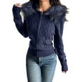 thumbnail image 1 of Women'S Zip Up Cardigan Sweater Cable Faux Fur Hoodies Long Sleeve Jacket Knit Outfits Y2K Navy Blue XL, 1 of 7