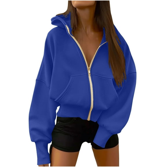 Women'S Zip Up Hoodie Sweatshirt Y2K Fall Fashion Casual Solid Color Long Sleeve Loose Fit Pockets Casual Trendy Jacket Blue M