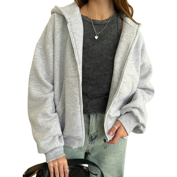 Women'S Zip Up Hoodies Casual Long Sleeve Sweatshirts Fall Spring Track Jackets with Pockets Gray S