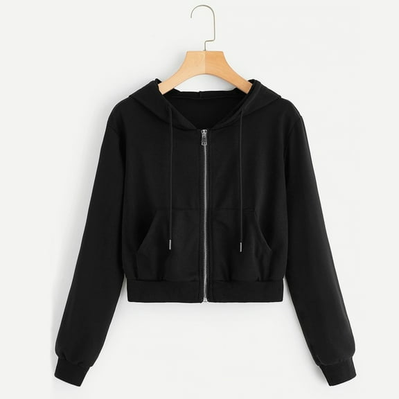 Women'S Zip Up Hoodies Casual Solid Hooded Jacket Loose Long Sleeve Trendy Short Hooded Sweatshirt Tops With Pocket Black S