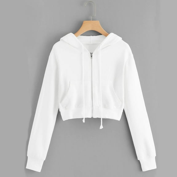 Women'S Zip Up Hoodies Casual Solid Hooded Jacket Loose Long Sleeve Trendy Short Hooded Sweatshirt Tops With Pocket White S