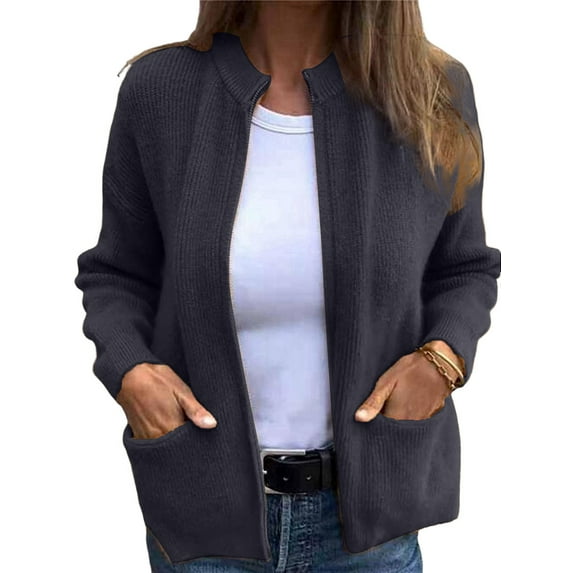Women'S Zip Up Knit Cardigan Long Sleeve Stand Collar Sweater Outwear Coat with Pockets Black S
