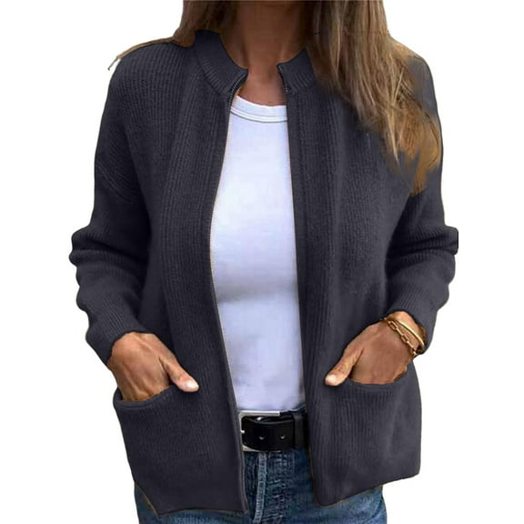 Women'S Zip Up Knit Cardigan Long Sleeve Stand Collar Sweater Outwear Coat with Pockets Black XL