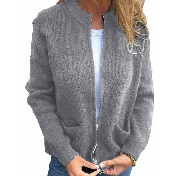 Women'S Zip Up Knit Cardigan Long Sleeve Stand Collar Sweater Outwear Coat with Pockets Grey L