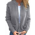 thumbnail image 1 of Women'S Zip Up Knit Cardigan Long Sleeve Stand Collar Sweater Outwear Coat with Pockets Grey M, 1 of 7