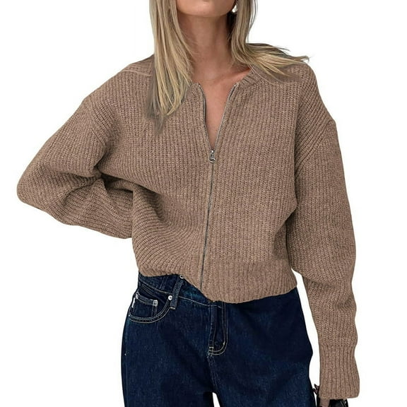 Women'S Zip Up Sweaters Drop Shoulder Long Sleeve Crew Neck Cardigan Casual Solid Loose Fit Knit Jacket Coffee Color M