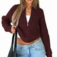 thumbnail image 1 of Women'S Zip Up Sweaters Drop Shoulder Long Sleeve Crew Neck Cardigan Casual Solid Loose Fit Knit Jacket Wine Red S, 1 of 8