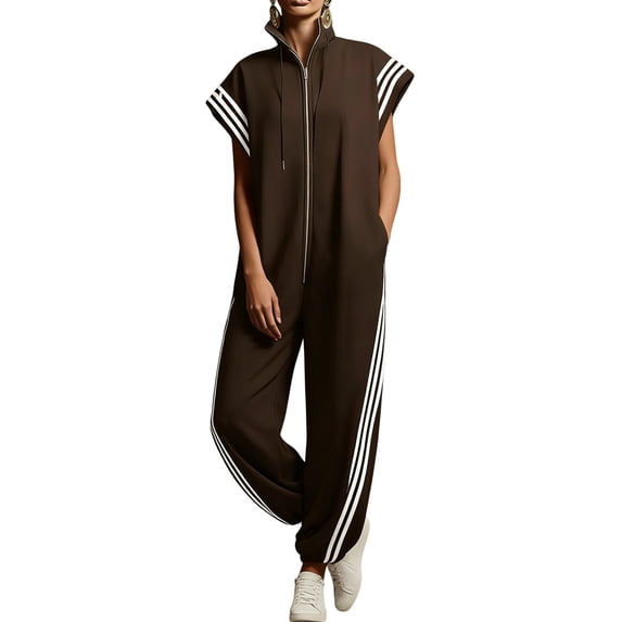 Women'S Zipper Stand Collar Striped Color Block Fashion Long Jumpsuit Casual Chic One-Piece Outfit Brown XL