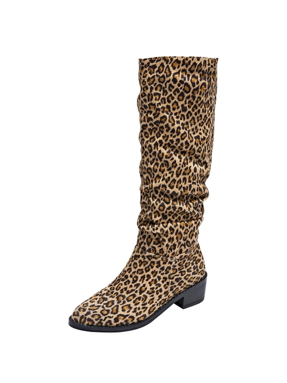 Women S𝗅𝗈𝗎𝖼hy B𝗈𝗈𝑡𝑠 Knee High Chun𝗄𝗒 B𝗈𝗈𝑡𝑠 Fashion Leopard Print L𝗈w Block Heel Boot Pointed Toe Western Cowboy Wide Calf B𝗈𝗈𝑡𝑠 Fall Winter Pull On Riding Long Boot