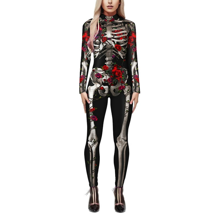 Women'S Pants Printing Tight Fitting Long Sleeved Jumpsuit Polyester, Spandex Black S 