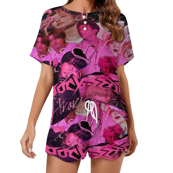 Women SKZ Stray Korea Ki-DS Pajamas Set Short Sleeve Shirt With Shorts Loungewear Sleepwear