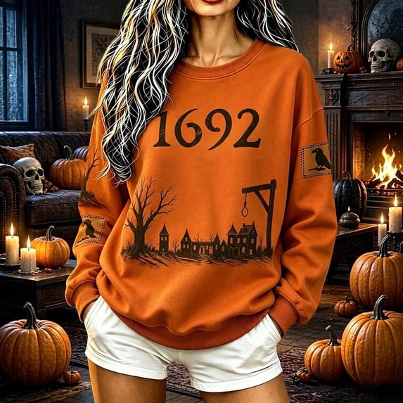 Women Salem 1692 Halloween Graphic Crewneck Sweatshirt, Vintage Patched‑Look Witch History Pullover, Long Sleeve Loose Fall Halloween Party Top for Ladies