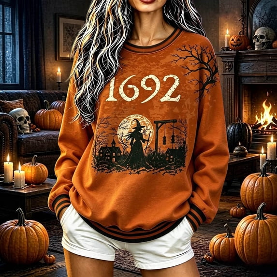 Women Salem 1692 Halloween Graphic Crewneck Sweatshirt, Vintage Patched‑Look Witch History Pullover, Long Sleeve Loose Fall Halloween Party Top for Ladies