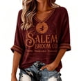 thumbnail image 1 of Women Salem Broom Company Halloween Witch Printed Vintage Classic Tshirt 3/4 Sleeve V Neck Halloween Casual Tops 3XL, 1 of 5