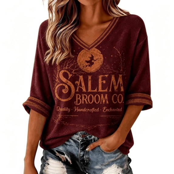 Women Salem Broom Company Halloween Witch Printed Vintage Classic Tshirt 3/4 Sleeve V Neck Halloween Casual Tops 3XL